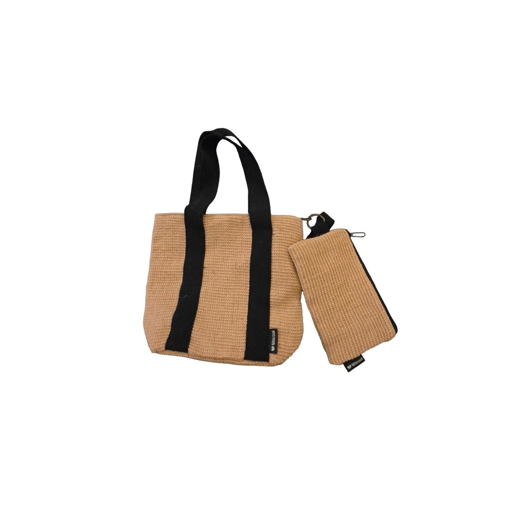 Wacoal Jute Recycled Cotton Tote Bag with Detachable Pouch Tan Black Y2K Eco